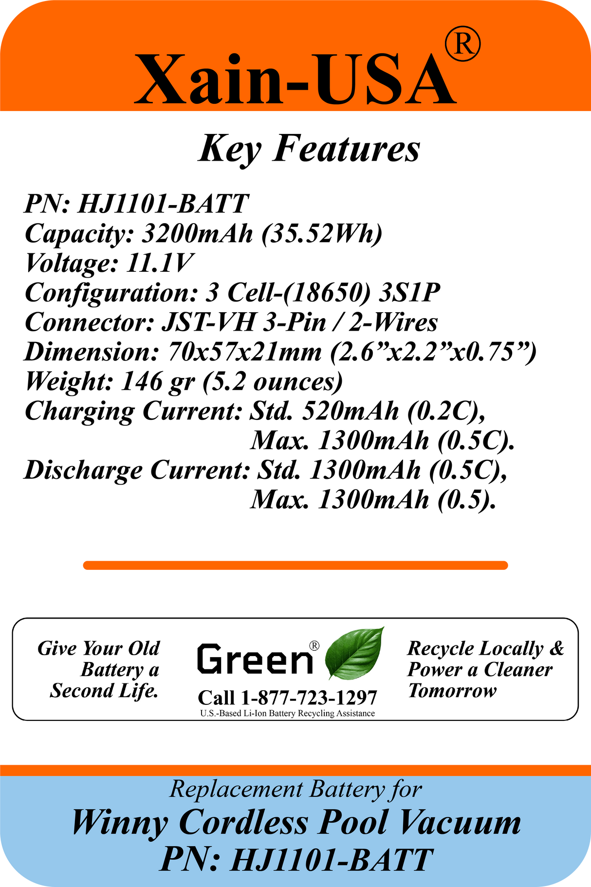 3200mAh Replacement Battery Pack for Winny Pool Vacuum PN: HJ1101-BATT