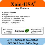 (1-Pack) 3.7V 4400mAh Li-ion Rechargeable Battery Pack with JST-PH2.0 2-Pin Connector for Electronics, LED Lighting, Low-Drain Devices, Outdoor Lights, Toys, GPS, Speakers, Fire Alarm