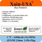 (1-Pack) 3.7V 4400mAh Li-ion Rechargeable Battery Pack with JST-PH2.0 2-Pin Connector for Electronics, LED Lighting, Low-Drain Devices, Outdoor Lights, Toys, GPS, Speakers, Fire Alarm