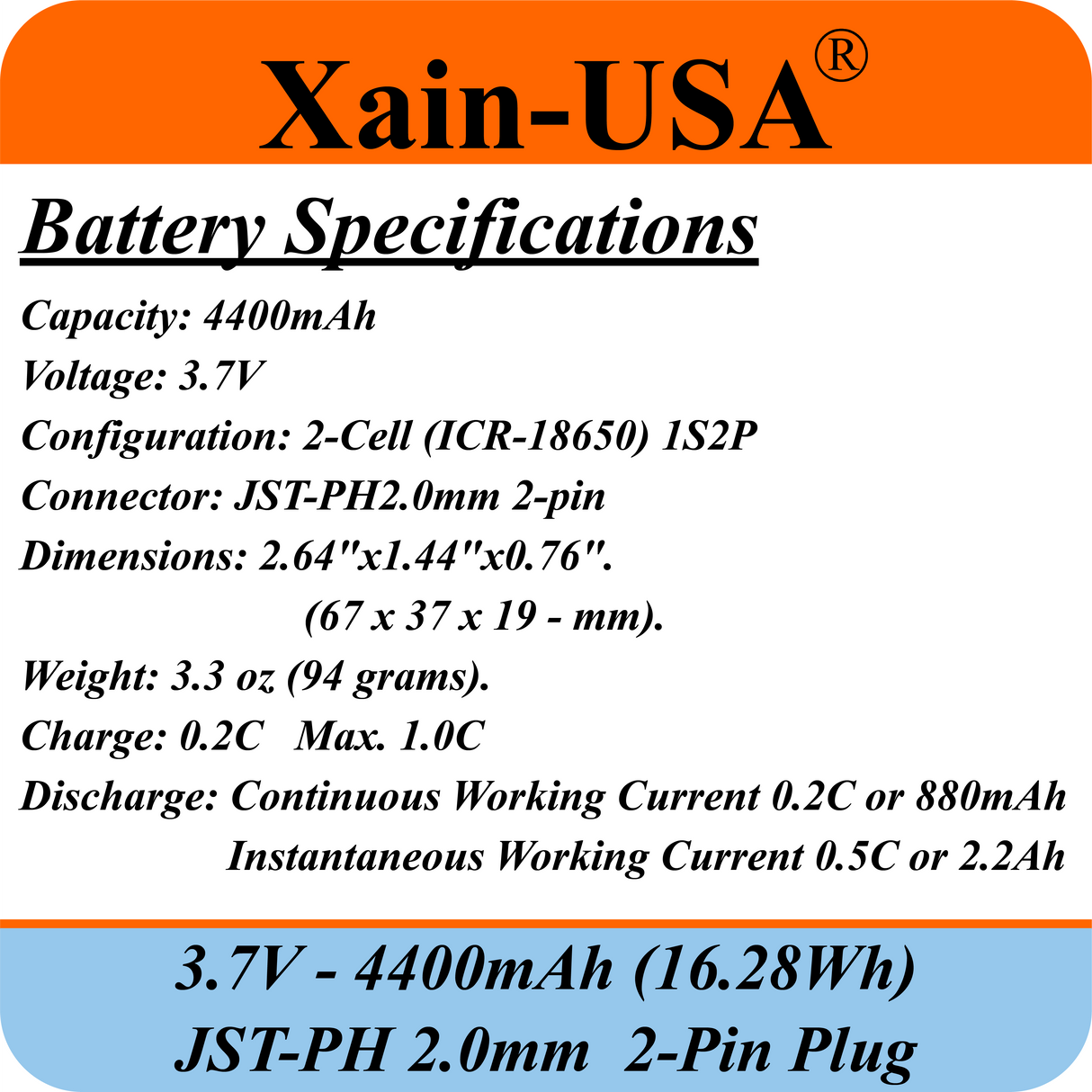 (1-Pack) 3.7V 4400mAh Li-ion Rechargeable Battery Pack with JST-PH2.0 2-Pin Connector for Electronics, LED Lighting, Low-Drain Devices, Outdoor Lights, Toys, GPS, Speakers, Fire Alarm