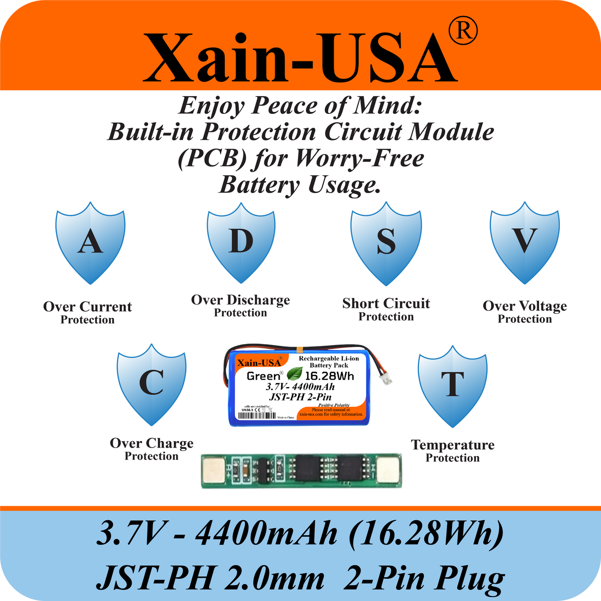 (1-Pack) 3.7V 4400mAh Li-ion Rechargeable Battery Pack with JST-PH2.0 2-Pin Connector for Electronics, LED Lighting, Outdoor Lights, Toys, GPS, Meshtastic Solar Node Projects, Speakers, Fire Alarm