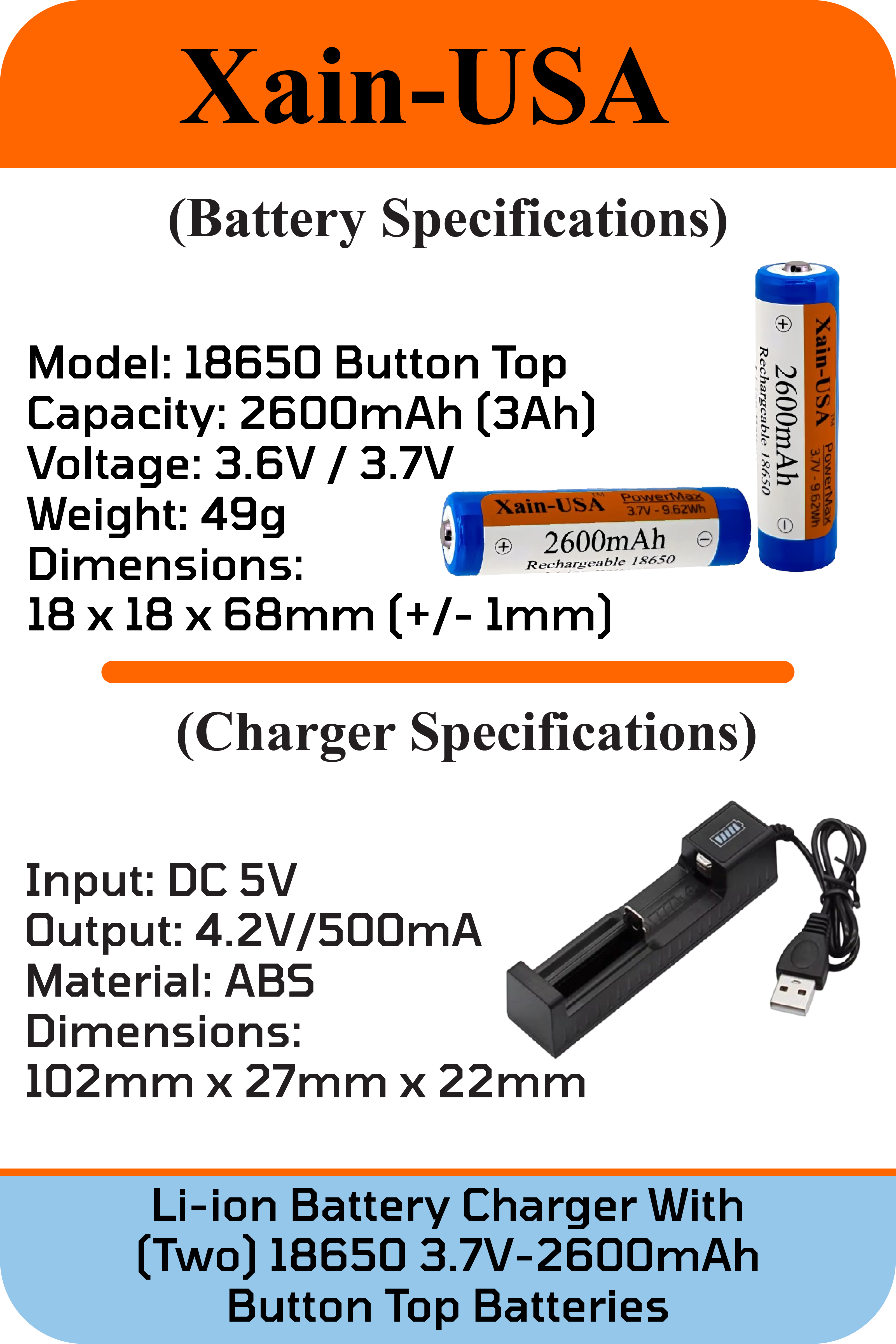 2-Pack 3.7V 2600mAh 18650 Button-Top Rechargeable Batteries with Single Cell Charger.