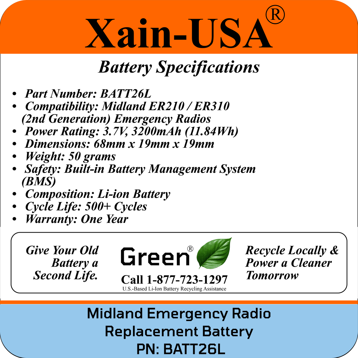 Long Lasting 3200mAh Replacement Battery for Midland Emergency Radio ER210/ER310 (2nd Gen) / PN: BATT26L.