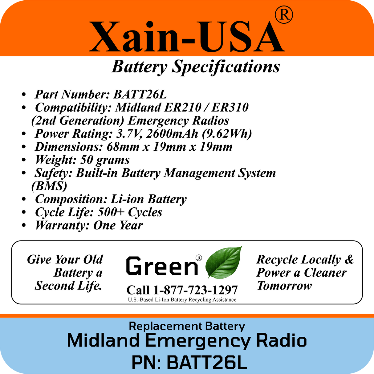 (2-Pack) Replacement Battery for Midland Emergency Radio ER210 (2nd Gen.) & ER310 (2nd Gen.)  PN: BATT26L 2600mAh