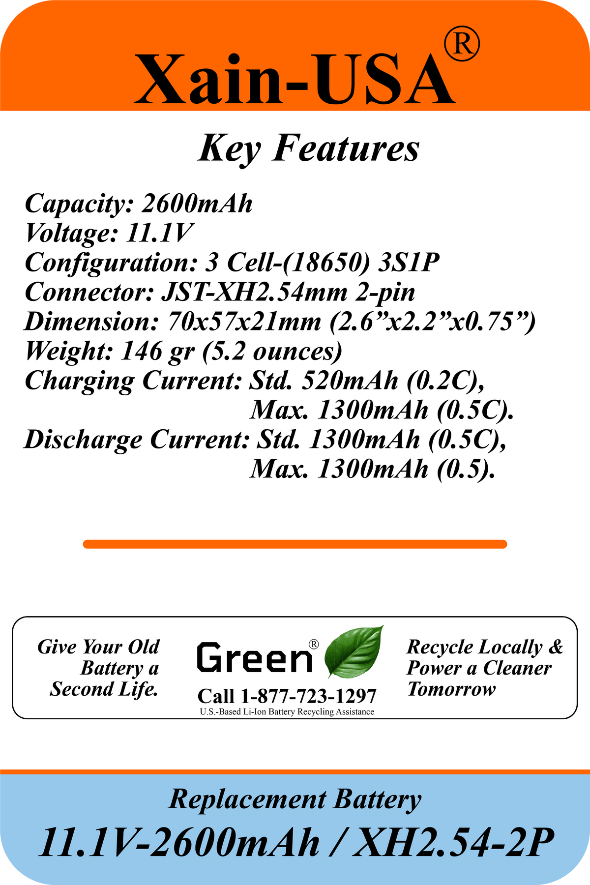11.1V 2600mAh Li-ion Battery Pack | 3S1P JST-XH 2-Pin with BMS