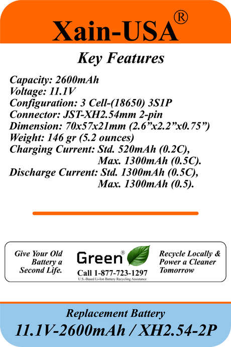 11.1V 2600mAh Li-ion Battery Pack | 3S1P JST-XH 2-Pin with BMS