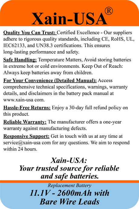 UL2054 Certified, 11.1V 2600mAh Li-ion Battery, 5A Cont., Bare Wire Leads