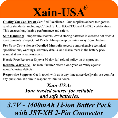 Xain-USA 3.7V 4400mAh Li-ion Battery Pack - JST-XH 2-Pin, Built-in BMS