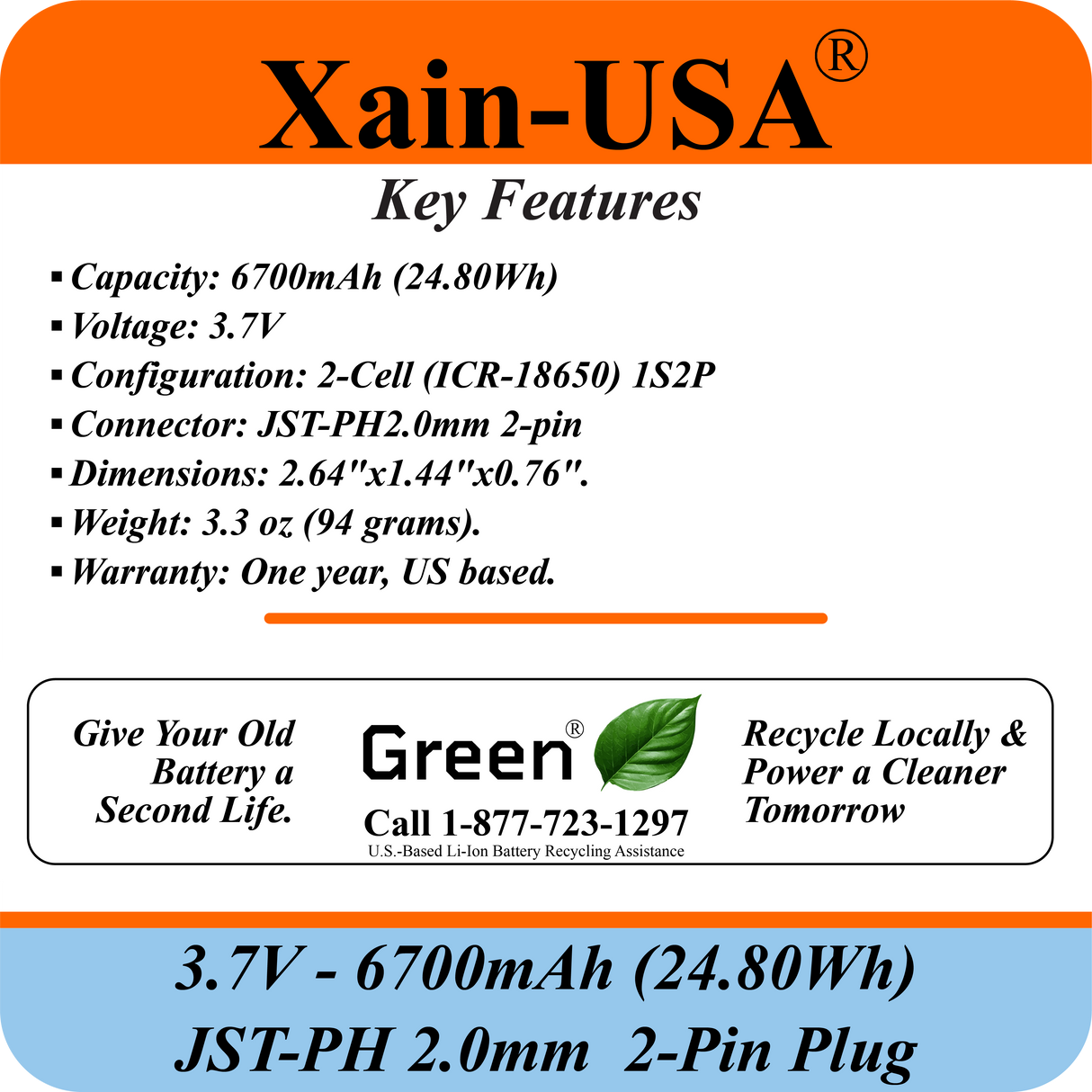 1S2P High-Capacity High-Drain 3.7V - 6700mAh Li-ion Battery Pack, with JST-PH 2-Pin Plug, 152% more power than 4400mAh, for Electronics, Solar Lights, GPS, Meshtastic Solar Node Project, Speakers