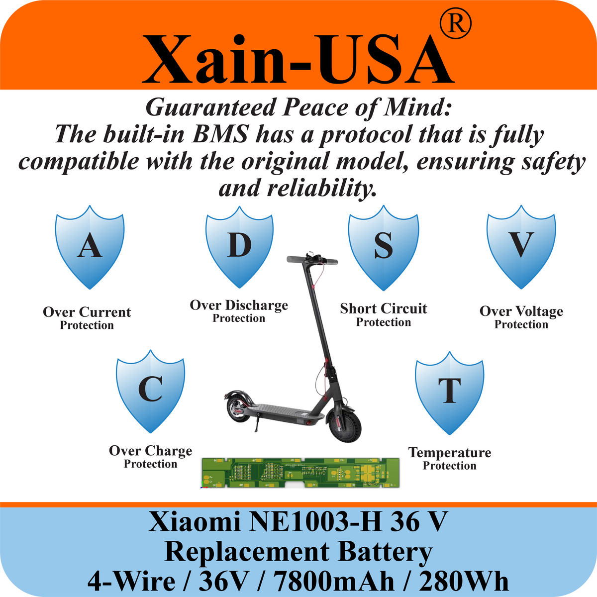 Replacement Battery For Xiaomi M365 PN: NE1003-H (36V 7800mAh, 280Wh) with Built-in Communication Protocol. Please See Our Catalog for Xiaomi Scooter Compatibility List.