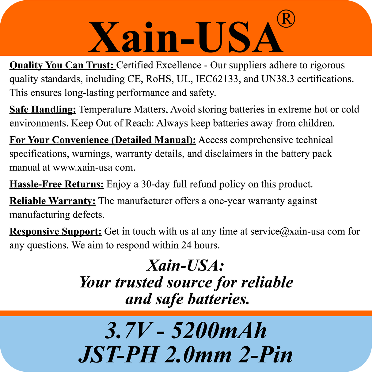 Premium 1S2P 3.7V 5200mAh / High Drain / Li-ion Battery Pack / with JST-PH 2-pin Plug / Supports 4A Continuous Discharge / Ideal for Bluetooth speakers, toys, lighting, and electronics.