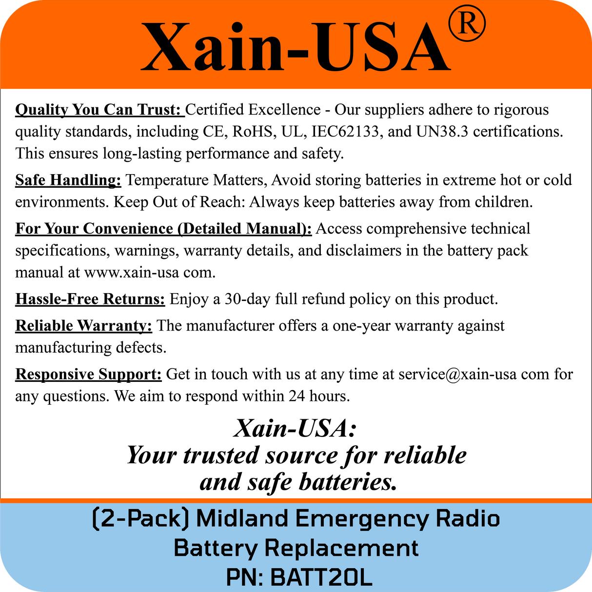 (2-Pack) PN: BATT20L Replacement Battery for Midland Emergency Radio ER200, ER300, ER210 (1st Gen), ER310 (1st Gen) – 2600mAh Li-ion, Future Xain-Xtra 1000+ Cycle Cell