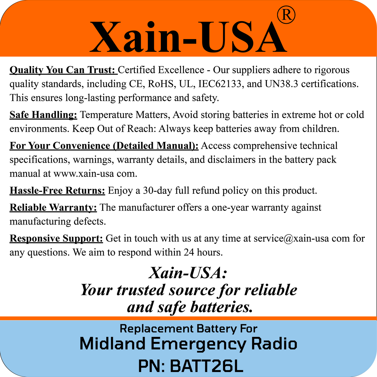 Replacement Battery for Midland Emergency Radio Models ER40 ER50 ER250BT  (PN: BATT26L) 2600mAh.