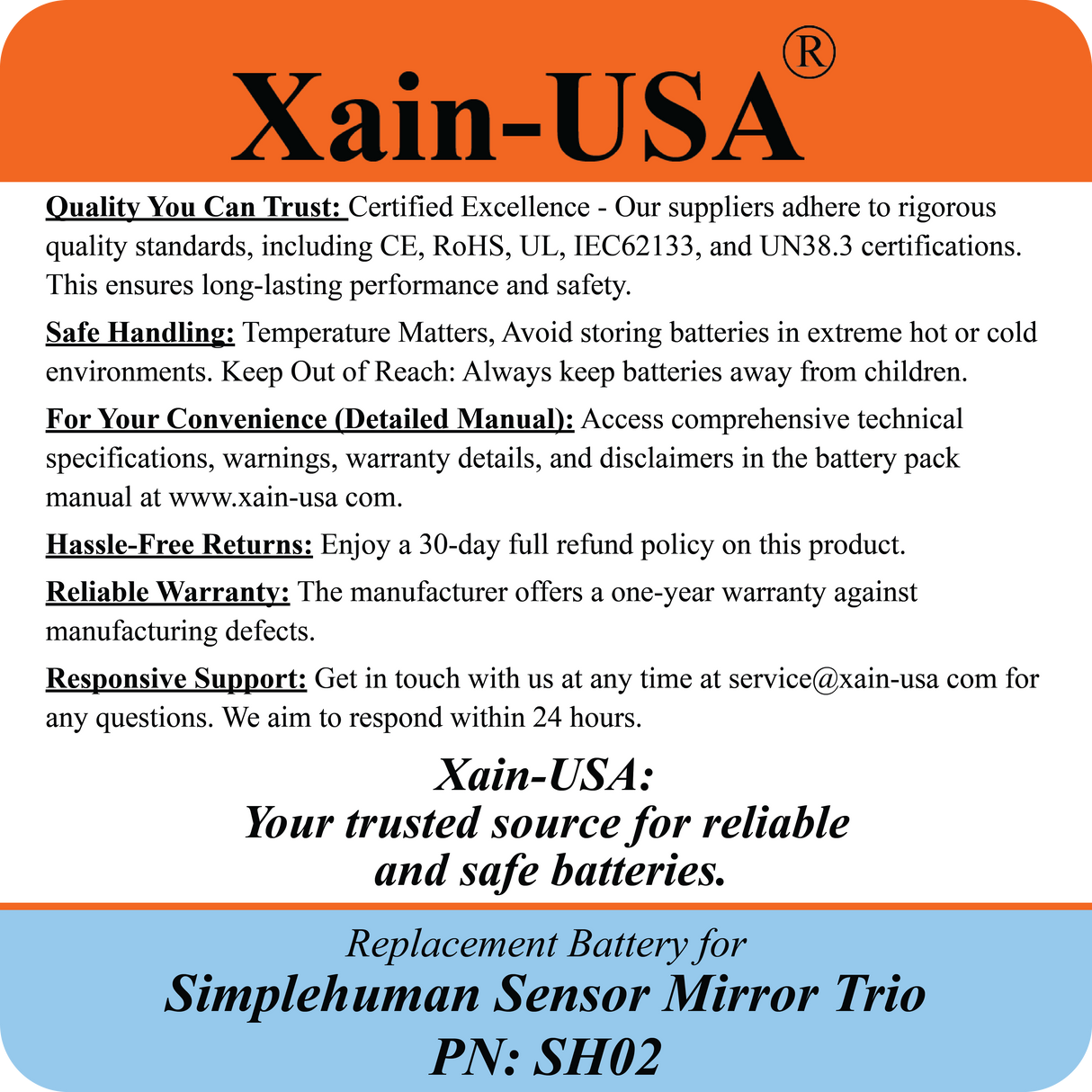 ULTRA-CAPACITY 7800mAh Battery for Simplehuman PN: SH02 Sensor Mirror Trio