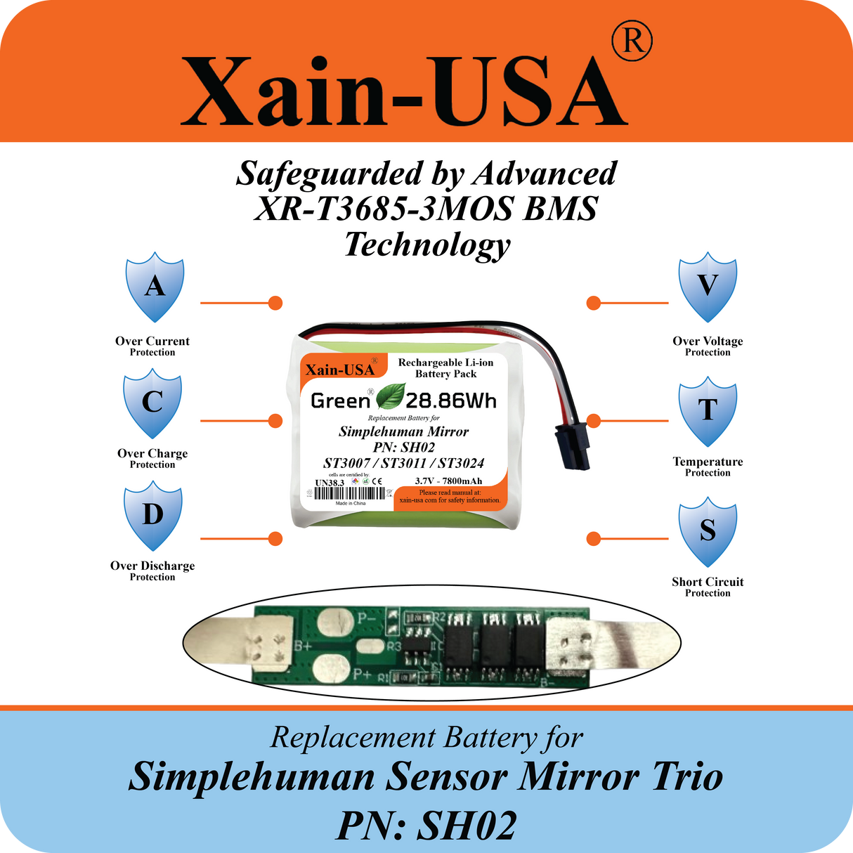 ULTRA-CAPACITY 7800mAh Battery for Simplehuman PN: SH02 Sensor Mirror Trio
