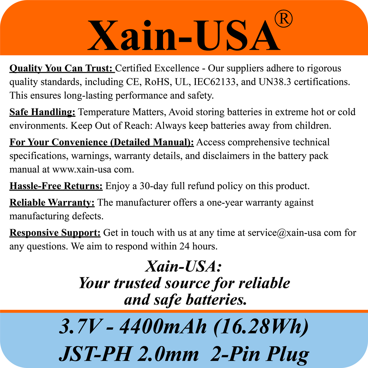 (1-Pack) 3.7V 4400mAh Li-ion Rechargeable Battery Pack with JST-PH2.0 2-Pin Connector for Electronics, LED Lighting, Low-Drain Devices, Outdoor Lights, Toys, GPS, Speakers, Fire Alarm