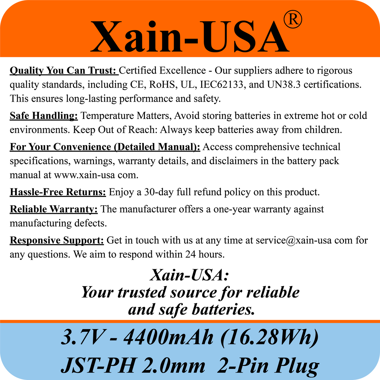 (1-Pack) 3.7V 4400mAh Li-ion Rechargeable Battery Pack with JST-PH2.0 2-Pin Connector for Electronics, LED Lighting, Low-Drain Devices, Outdoor Lights, Toys, GPS, Speakers, Fire Alarm