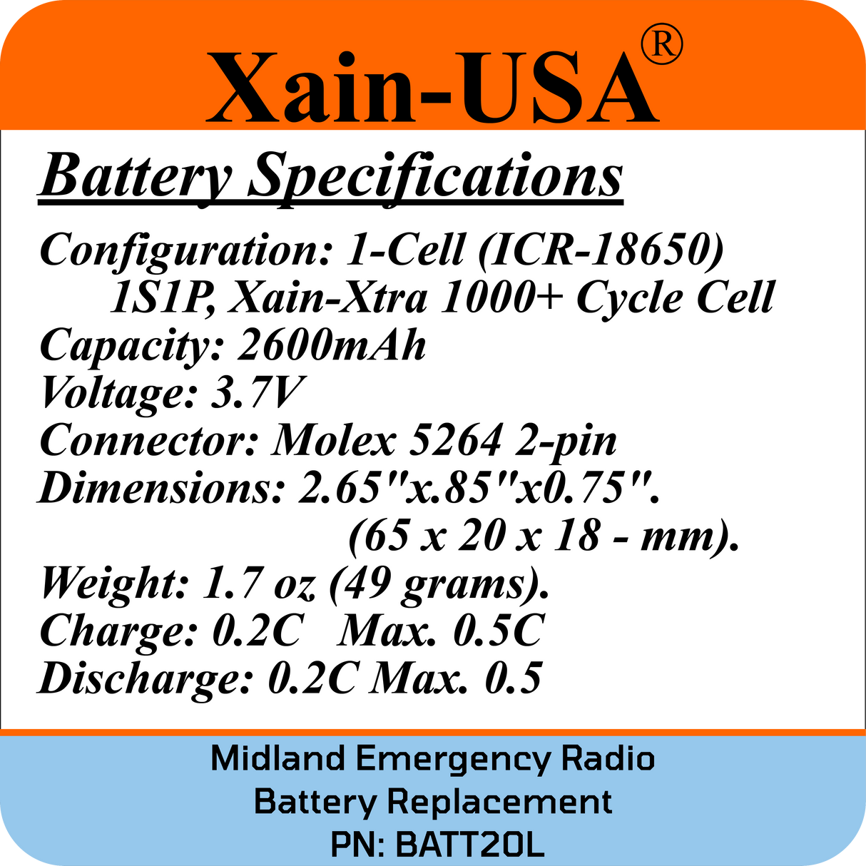 (2-Pack) PN: BATT20L Replacement Battery for Midland Emergency Radio ER200, ER300, ER210 (1st Gen), ER310 (1st Gen) – 2600mAh Li-ion, Future Xain-Xtra 1000+ Cycle Cell