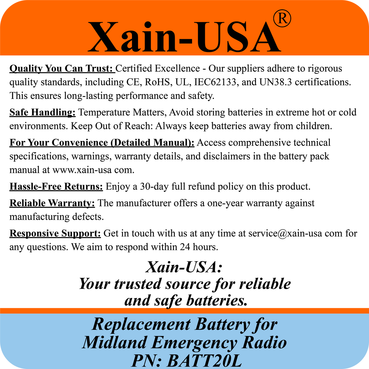 High Capacity 3350mAh Rechargeable Replacement Battery — Compatible with Midland Emergency Weather Radios | Part No. BATT20L | Fits First-Generation ER200, ER210, ER300, and ER310 Models