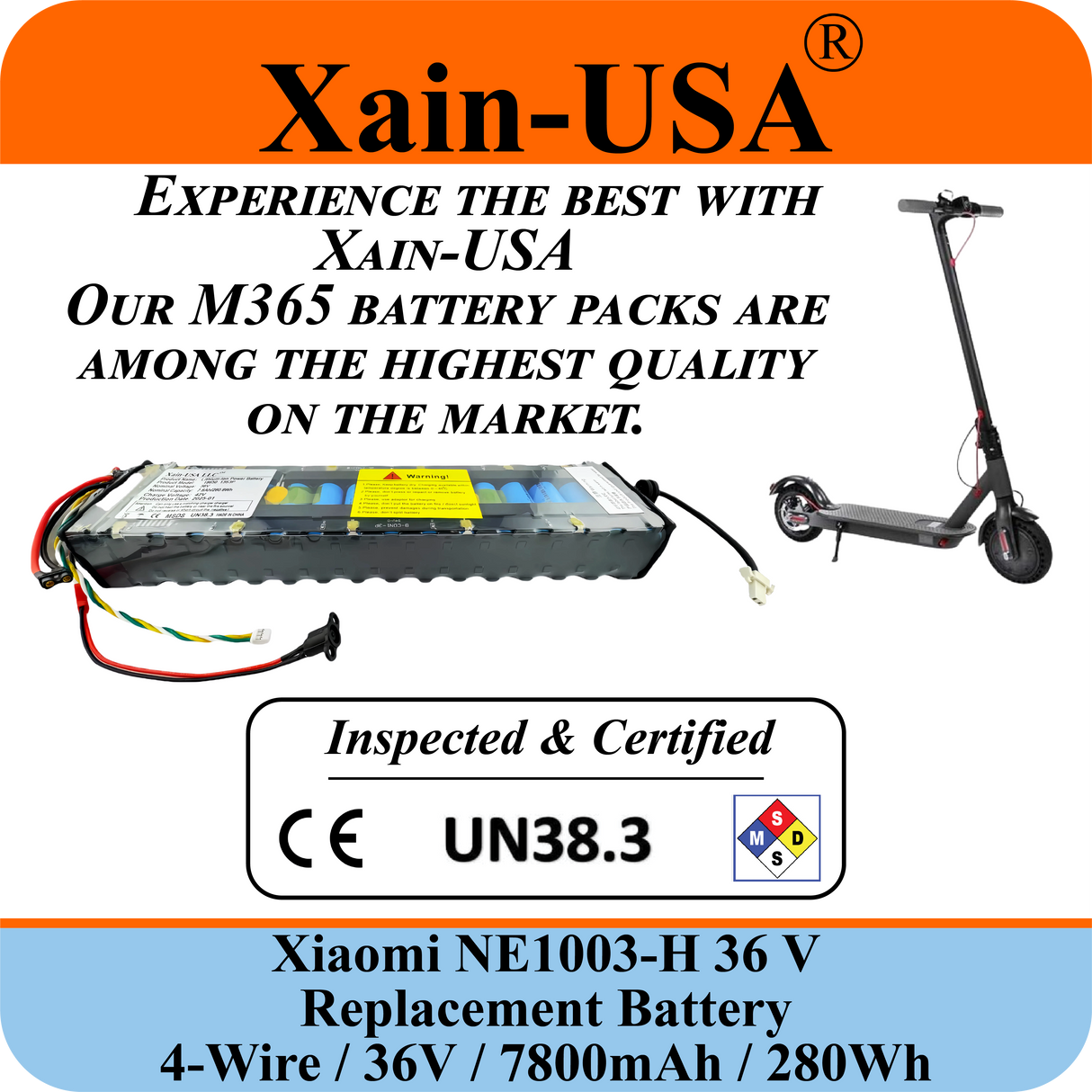 High-Performance Replacement Battery For Xiaomi M365 PN: NE1003-H (36V 7800mAh, 280Wh) with Built-in Communication Protocol. Please See Our Catalog for Xiaomi Scooter Compatibility List.