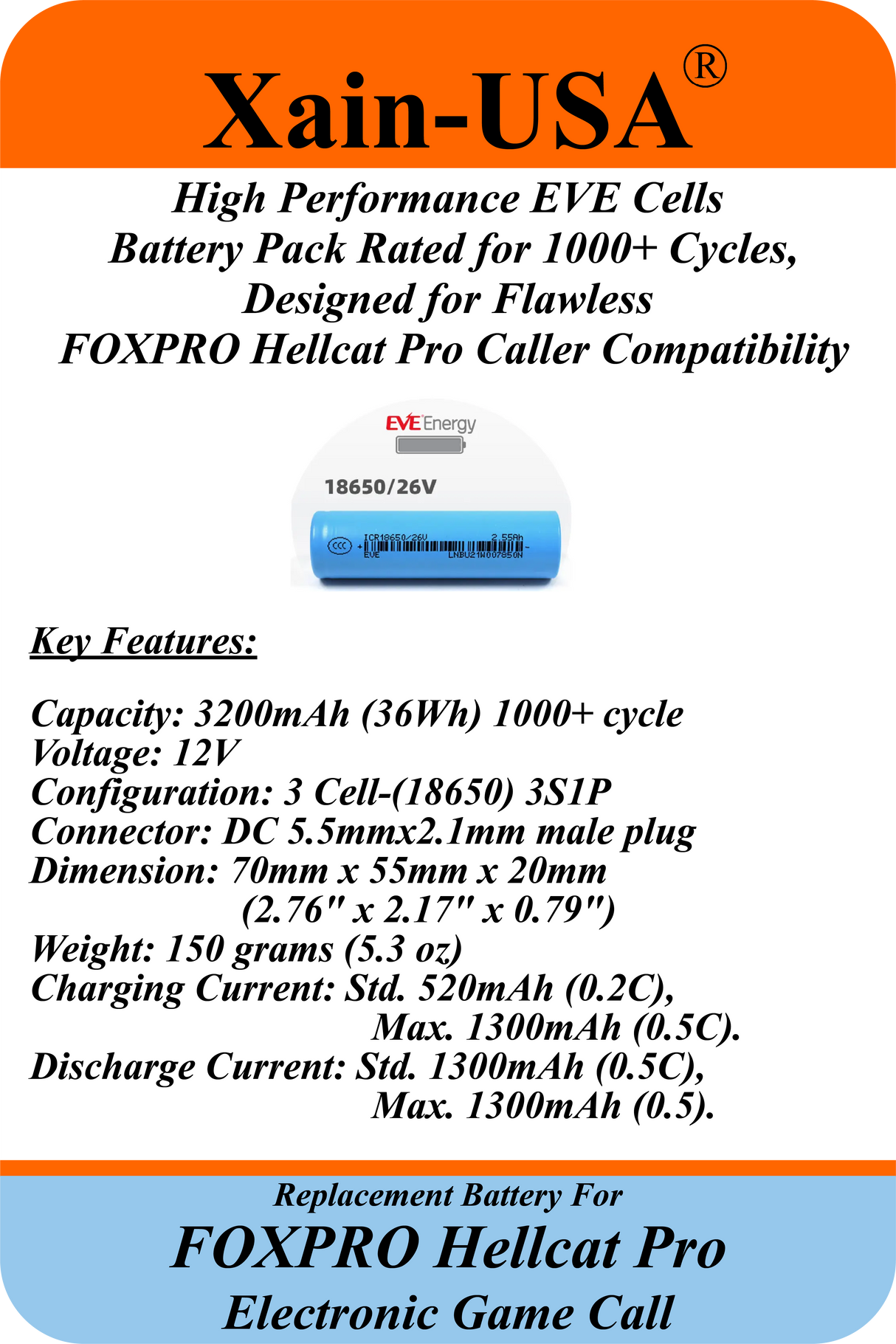 (2x2) SMART Battery Package / 3200mAh High-Capacity Replacement for FOXPRO Hellcat Pro Game Caller. Featuring Xain-Extra cells 1000 charge cycles. Comes with charger adapter / PN: 34317 / 11.1V 3S1P