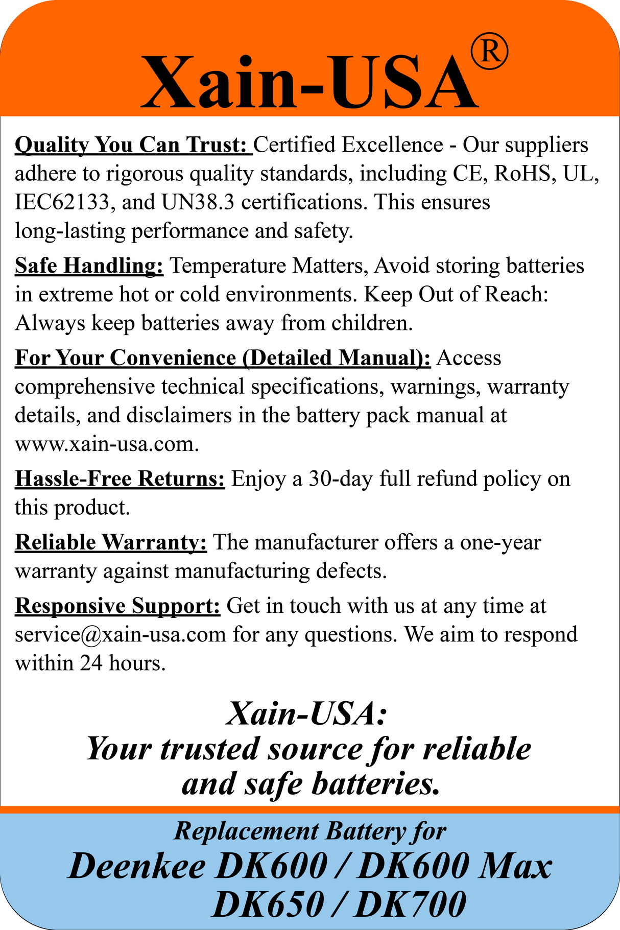 (Xain-Vac) Premium Replacement Battery for Deenkee DK600 / DK600 Max / DK650 / DK700 Robot Vacuum Cleaners 14.4V - 2600mAh  (37.4Wh) with Built-in Battery Management System (BMS)