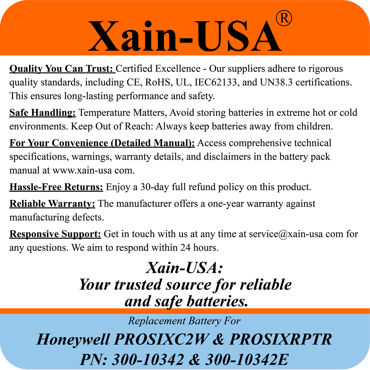 2600mAh Replacement Battery for Honeywell PN: 00-10342 / PROSIXC2W & PROSIXRPTR