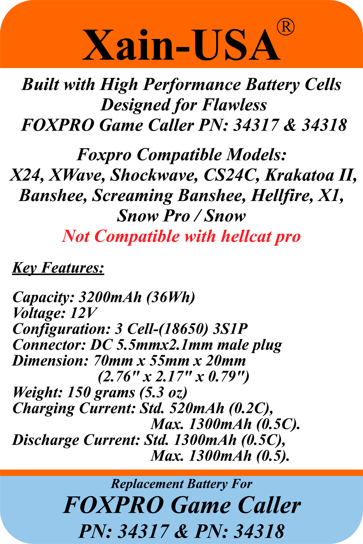 3200mAh Replacement Battery for FOXPRO Game Caller PN: 34317