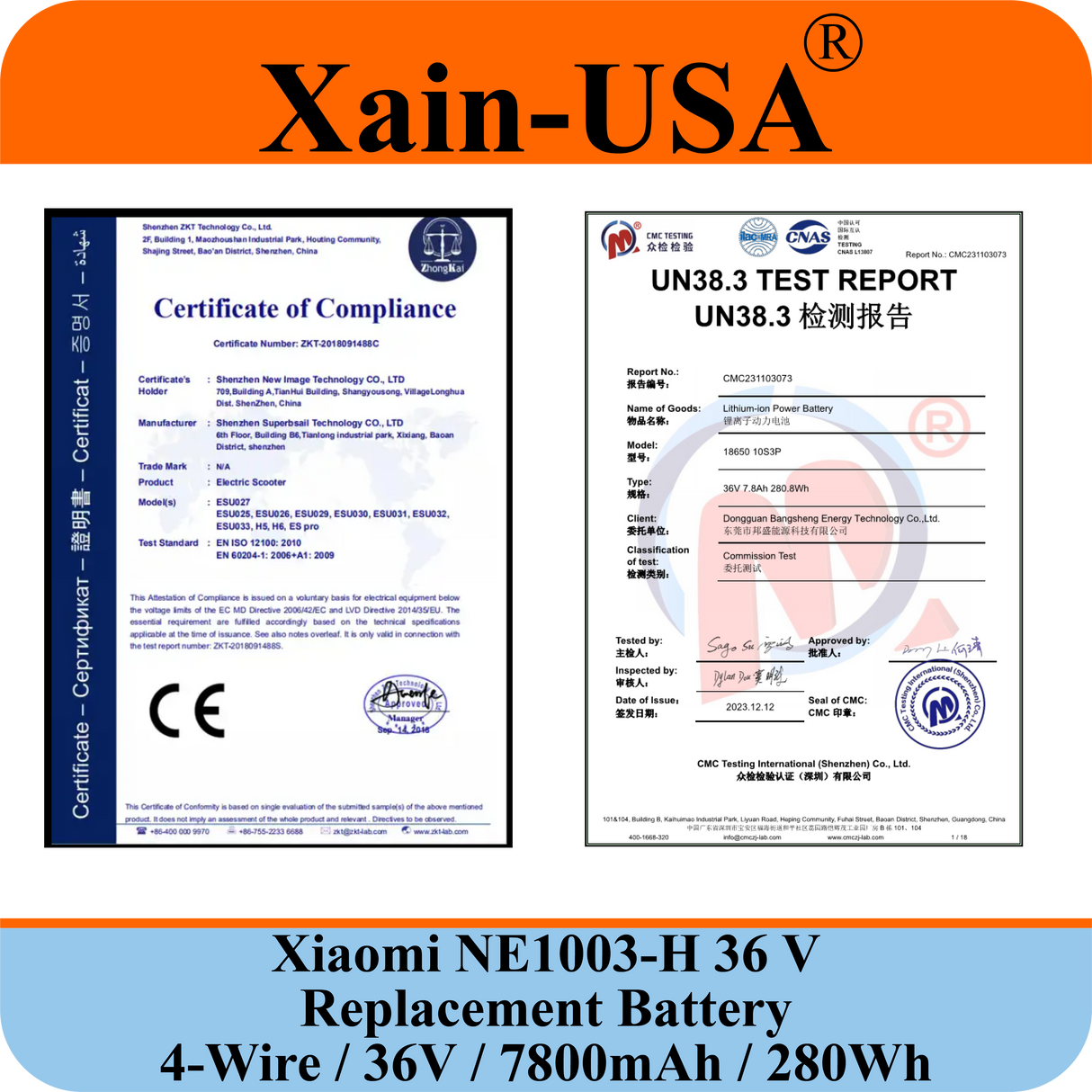 High-Performance Replacement Battery For Xiaomi M365 PN: NE1003-H (36V 7800mAh, 280Wh) with Built-in Communication Protocol. Please See Our Catalog for Xiaomi Scooter Compatibility List.