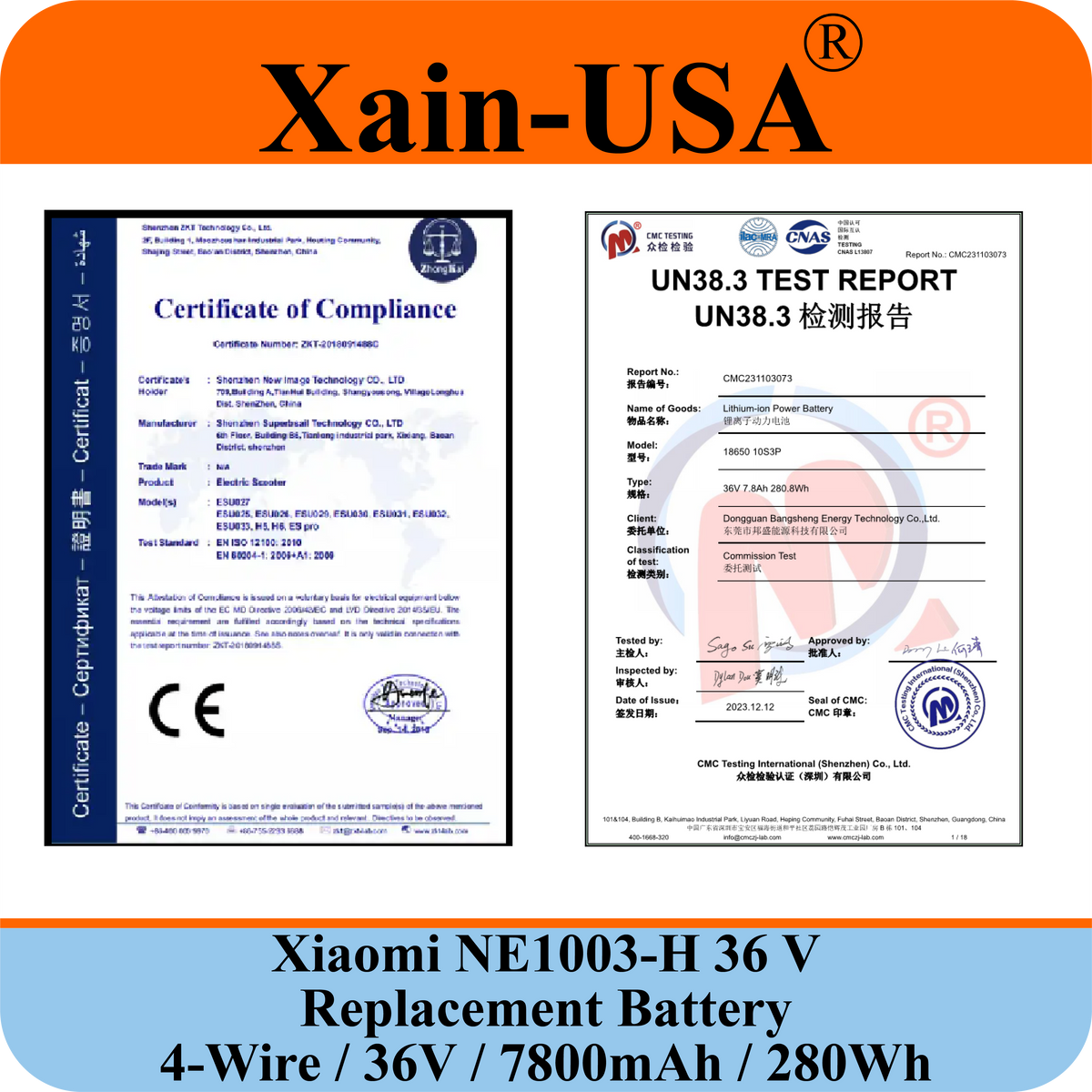 Replacement Battery For Xiaomi M365 PN: NE1003-H (36V 7800mAh, 280Wh) with Built-in Communication Protocol. Please See Our Catalog for Xiaomi Scooter Compatibility List.